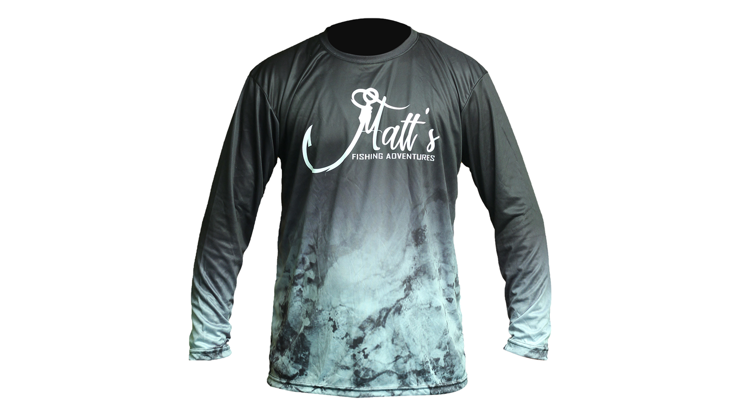 Matt's Fishing Adventures long sleeve Dri-Fit Black to Grey Fade Texas logo