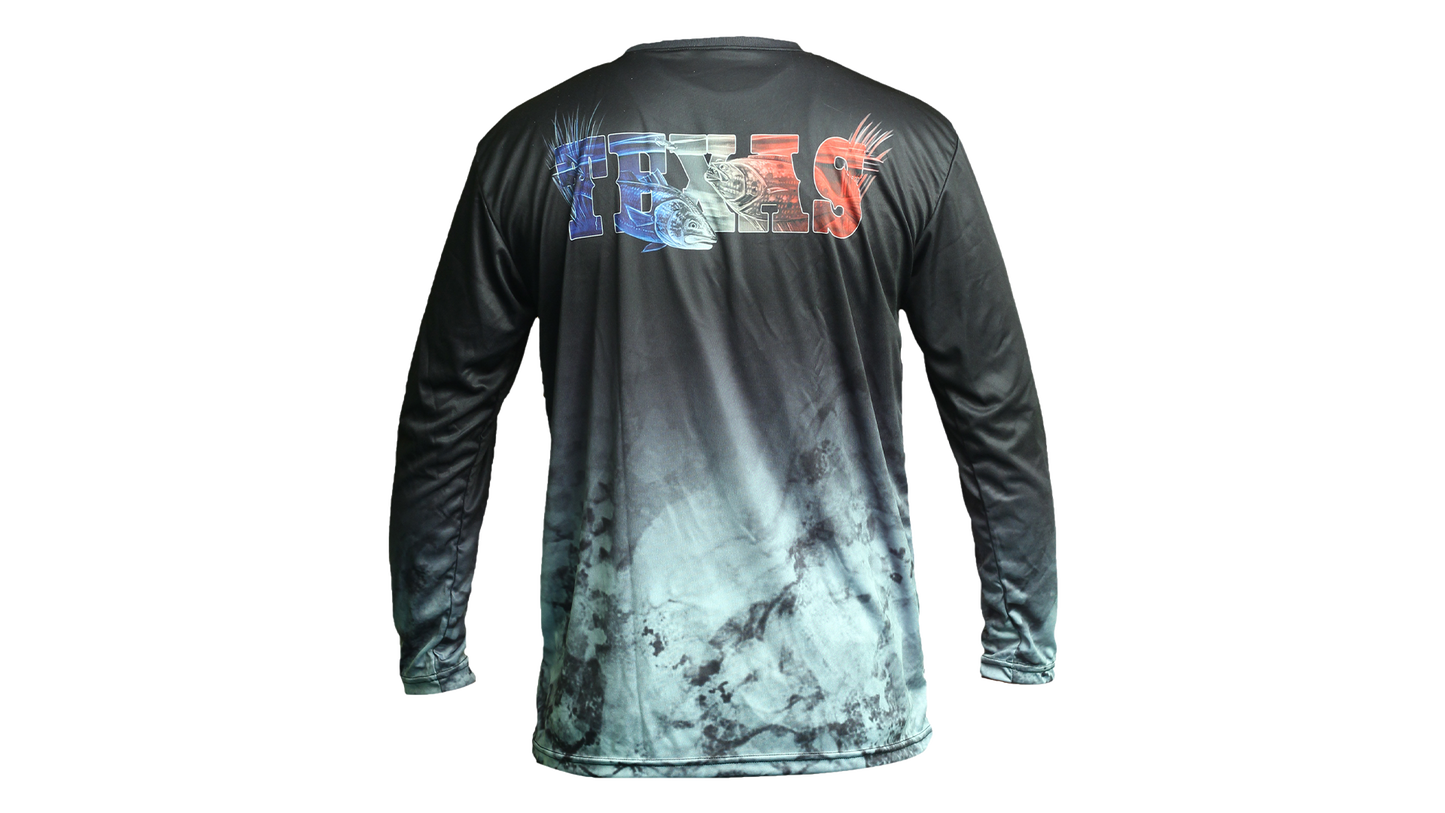 Matt's Fishing Adventures long sleeve Dri-Fit Black to Grey Fade Texas logo
