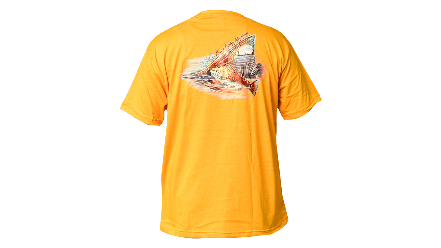 Matt's Fishing Adventures Cotton T-Shirt Yellow Redfish Scene