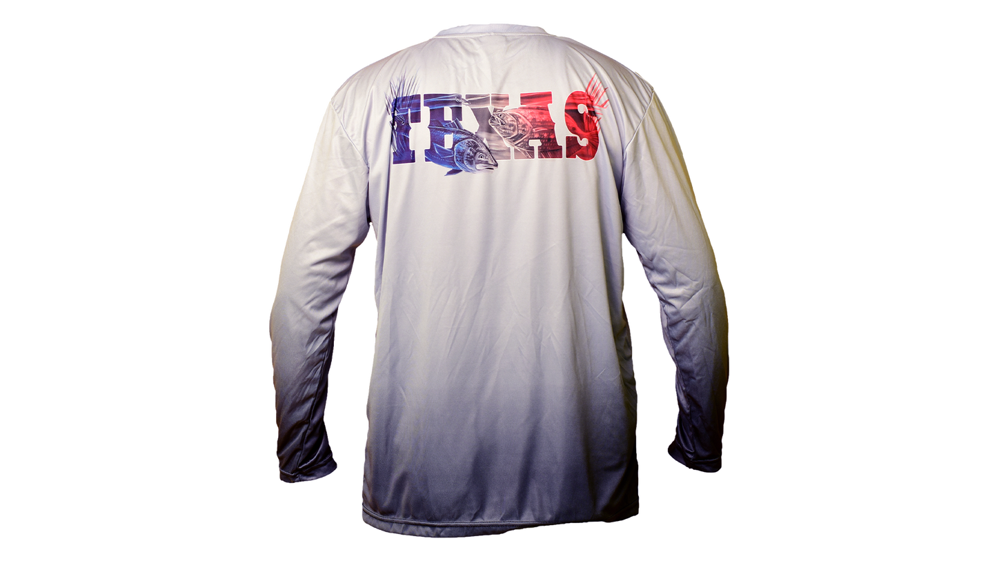 Matt's Fishing Adventures long sleeve Dri-Fit Grey to Black fade Texas logo