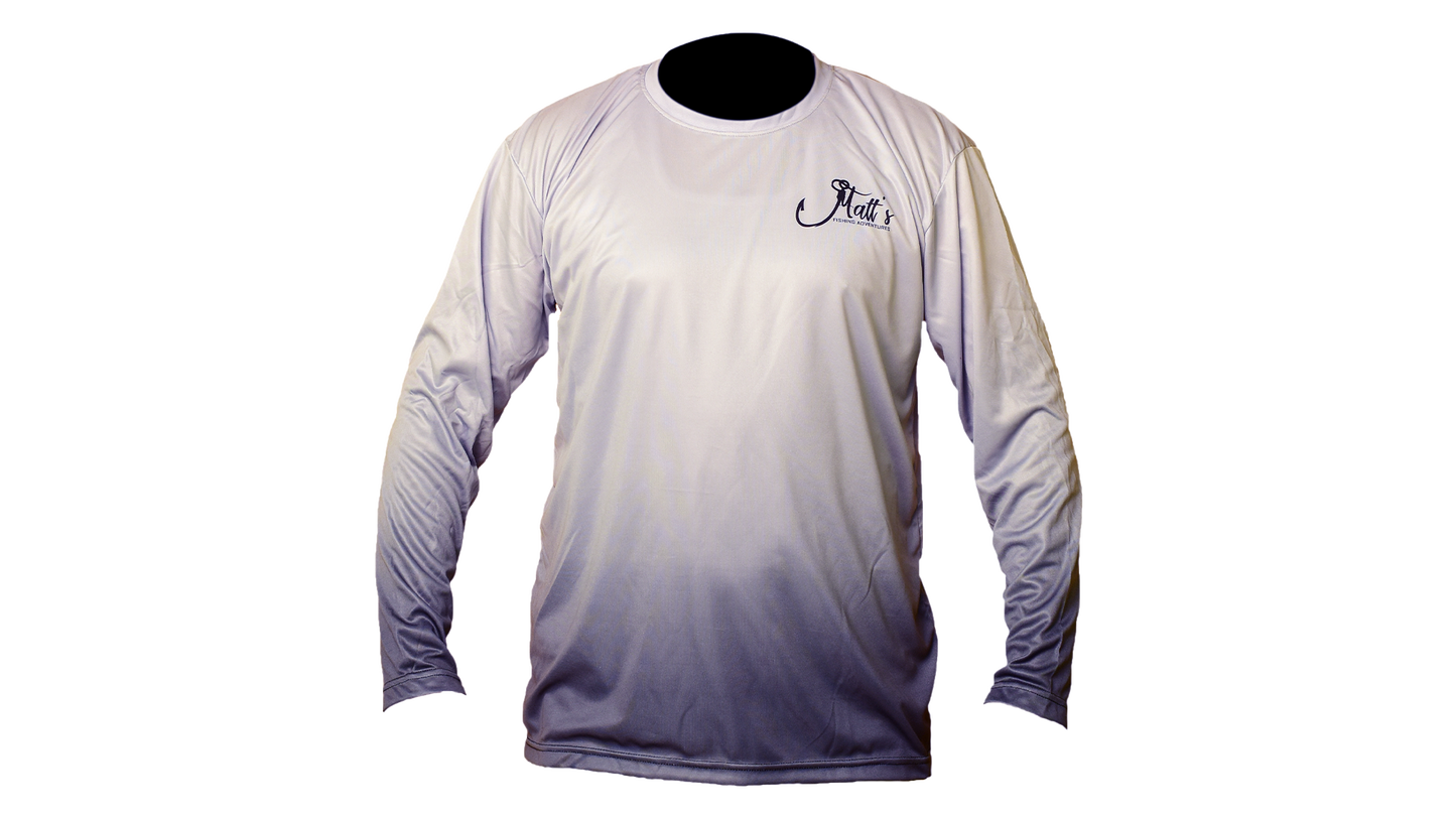 Matt's Fishing Adventures long sleeve Dri-Fit Grey to Black fade Texas logo