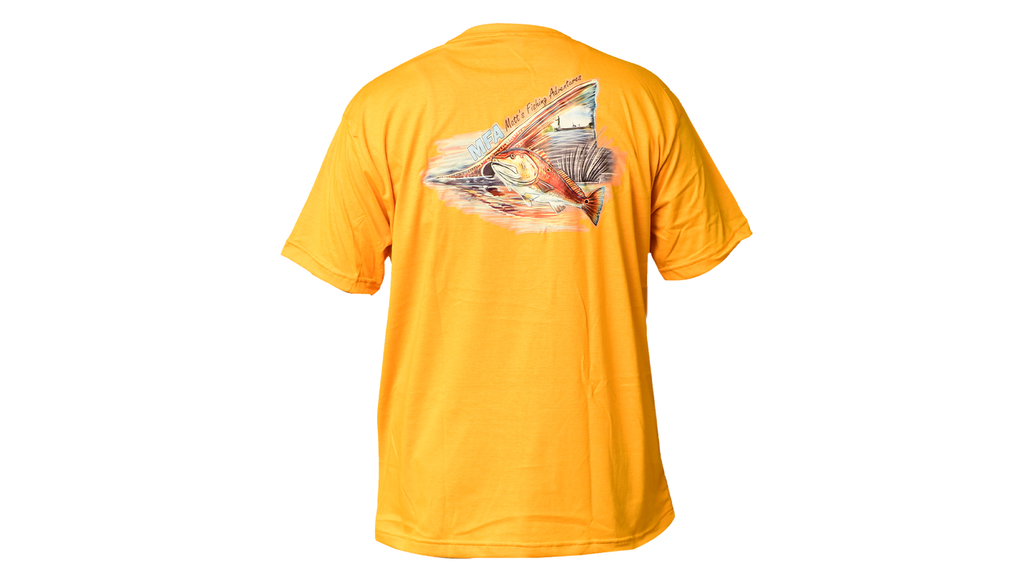 Matt's Fishing Adventures Cotton T-Shirt Yellow Redfish Scene