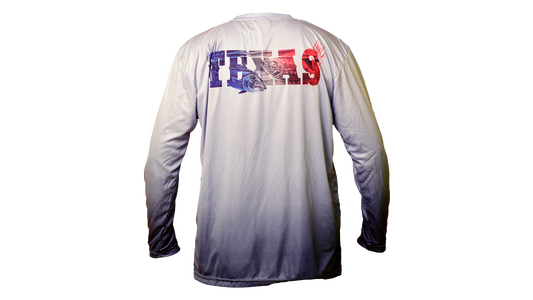 Matt's Fishing Adventures long sleeve Dri-Fit Grey to Black fade Texas logo